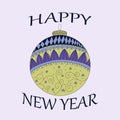 Holidays greeting card with abstract doodle Christmas ball.ÃÂ Happy New Year. Season`sÃÂ Decoration element. Flat design.ÃÂ Vintage Royalty Free Stock Photo